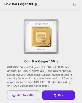 A product page for a "Gold Bar Geiger 100 g" — a 100 gram (3.21507 oz) 9999 fine gold bar by Geiger Edelmetalle, showing options to "Add to wallet" or "Buy".