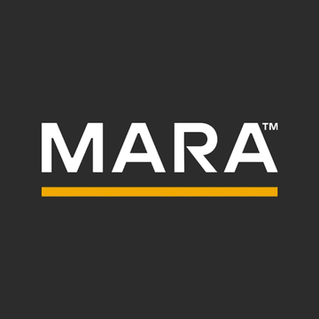 The image shows the MARA logo with bold white "MARA" lettering and a trademark symbol against a dark background, underlined by a yellow bar. The accompanying post relates to this branding as it discusses Bitcoin miner MARA Holdings' recent transfer of 1,000 BTC ($82.8 million) to cryptocurrency exchanges Binance and Gate.io, potentially indicating an upcoming sale.