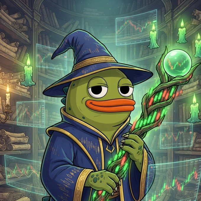 A green Pepe wizard in a blue robe and pointed hat holds a glowing green staff topped with an orb, standing before a candlelit library of scrolls surrounded by floating stock chart screens. The image illustrates the post's theme of adopting a new "Chart Wizard" PFP, blending magical wizard imagery with trading charts to symbolize a trader finding their ideal NFT community identity.