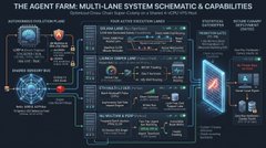 A small, low-resolution technical infographic titled “THE AGENT FARM: MULTI-LANE SYSTEM SCHEMATIC & CAPABILITIES,” showing a complex multi-lane diagram with connected systems and a red-outlined panel.