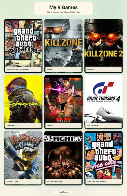 An infographic titled "My 9 Games: The 9 Games That Shaped Who I Am" displaying covers for Grand Theft Auto: San Andreas, Killzone, Killzone 2, Cyberpunk 2077, Tekken 3, Gran Turismo 4, Ratchet & Clank, Def Jam: Fight for NY, and Grand Theft Auto: Vice City.