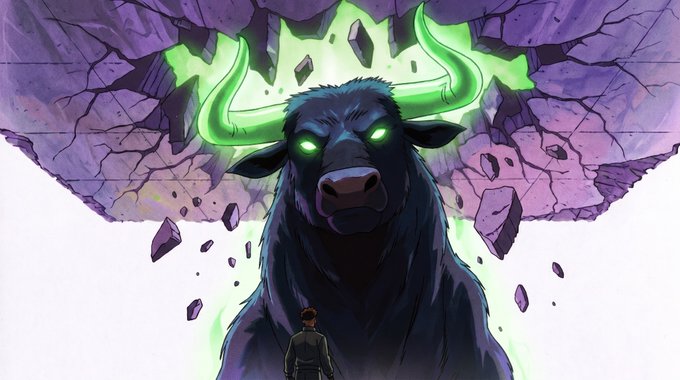 A towering dark bull with glowing green horns and eyes bursts through a cracked purple stone wall, looming over a small human figure below. The image powerfully visualizes the "remain bullish" message—contrasting the massive, dominant bull against the crumbling "bears" of the market, suggesting the bullish force will prevail.