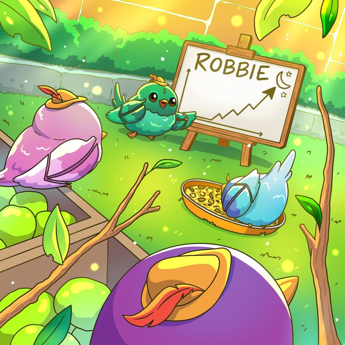 A colorful digital illustration of chibi-style Pokemon birds (including what appears to be Articuno, a baby bird, and Combusken) gathered around an easel with a chart labeled 'ROBBIE' showing an upward arrow.