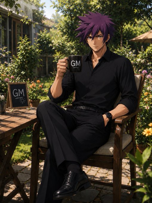 An anime-style illustration of a purple-haired man in black attire sitting in a garden chair, holding a black mug labeled 'GM', with a small chalkboard beside him also displaying 'GM'.