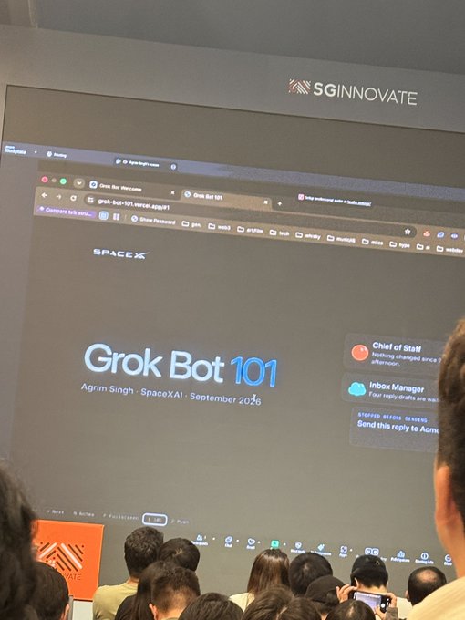 A presentation slide at an SGInnovate event titled 'Grok Bot 101' by Agrim Singh of SpaceXAI, dated September 2024, displayed on a large screen to an audience.