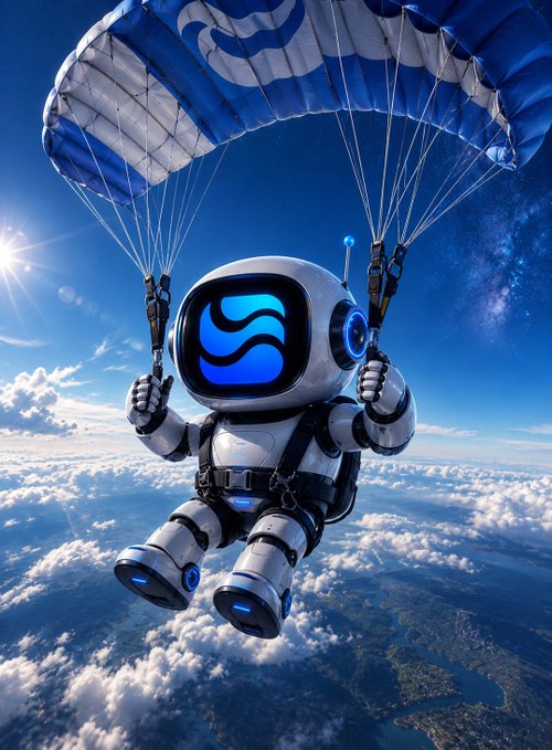 A digital illustration of a futuristic robot astronaut with the Injective logo on its face screen, parachuting through a bright blue sky above the clouds.