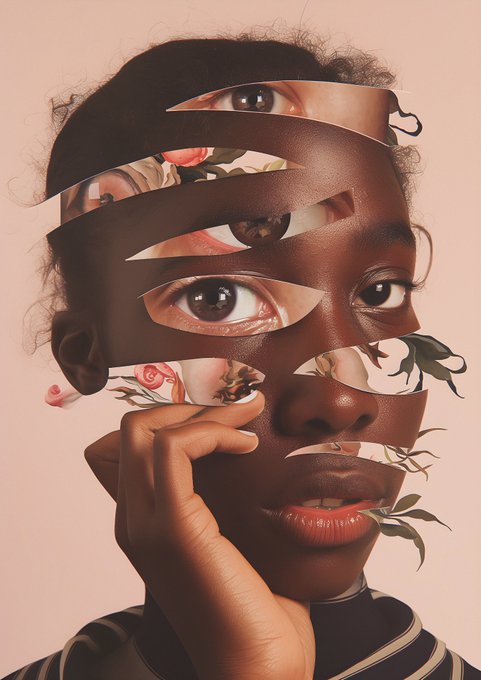 An artistic portrait of a young Black woman against a pink background, with surreal cut-out slices across her face revealing floral patterns and additional eyes beneath her skin.