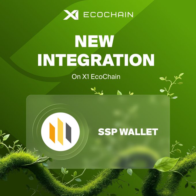 A promotional graphic with a green leafy background announcing a new integration between X1 EcoChain and SSP Wallet, featuring both brand logos and bold text reading "NEW INTEGRATION On X1 EcoChain" alongside "SSP WALLET." The visual reinforces the post's announcement of the partnership aimed at enhancing on-chain self-custody security.