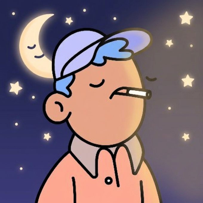 A cute cartoon illustration of a boy wearing a blue cap and pink shirt, with a lit cigarette in his closed-eye, peaceful face, set against a starry night sky featuring a sleeping crescent moon.