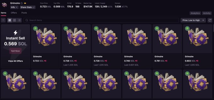 A marketplace interface for 'Grimoire' items priced in SOL, showing an 'Instant Sell' of 0.569 SOL and various book listings with prices ranging from 0.601 SOL to 1.205 SOL.