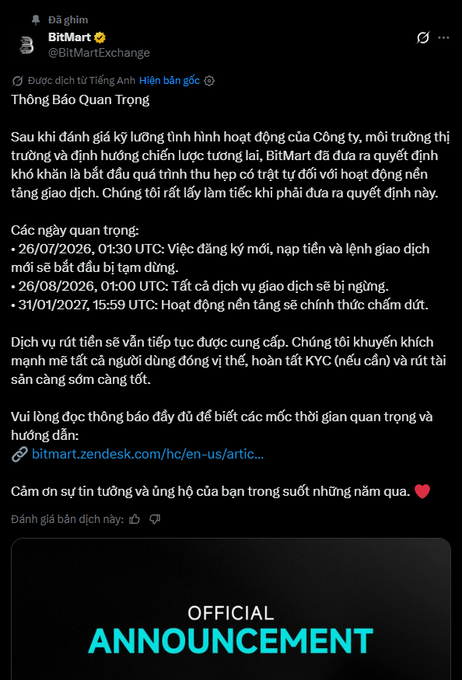A Vietnamese announcement from BitMart Exchange (@BitMartExchange) regarding wind-down decisions, with key dates including 26/07/2026, 26/08/2026, and 31/01/2027 UTC, and an 'OFFICIAL ANNOUNCEMENT' banner.