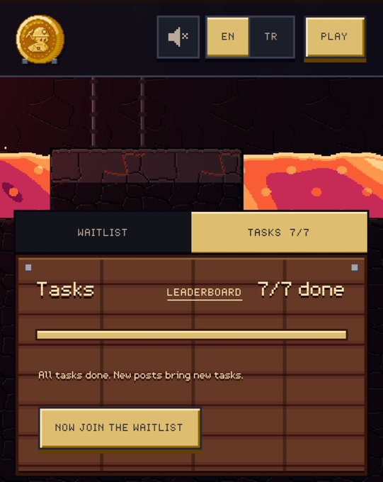 A pixel art game interface showing a 'Tasks 7/7 done' screen, a leaderboard, and a 'Now Join the Waitlist' button, with EN/TR language options and a Play button at the top.