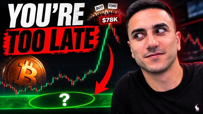A thumbnail featuring a man next to a Bitcoin price chart with bold text reading "YOU'RE TOO LATE," "BUY FOMO," and "$78K," alongside a circled question mark and the Bitcoin logo, visually reinforcing the video's warning against chasing Bitcoin's 20% rally at $78K and instead waiting for mapped support levels like $74K–$76K, $67K, and $54K.