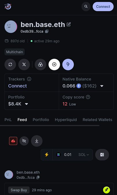 The image shows a wallet tracker profile for "ben.base.eth" (0xdb39...fcca), displaying a portfolio value of $8.4K, a copy score of 12 (Low), and a recent activity feed showing a "Swap Buy" of 0.01 SOL for $3.3k 29 minutes ago. This appears to support the post's claim about Ben Lambert swapping $PRISM, with the tracked transaction activity providing visual evidence of the recent swap.