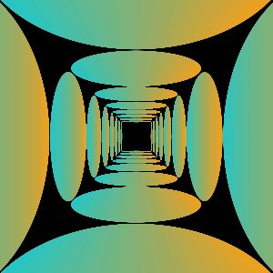 The image features a black background with a series of circles arranged in a square pattern, creating an illusion of depth and perspective. The circles are colored in shades of green and orange, adding visual interest to the composition. The text "LFI" is also present within the image, possibly indicating the source or creator of this digital art piece.