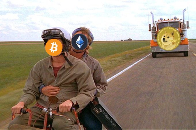 A scene from the film "Dumb and Dumber" shows two helmeted men on a moped being chased by a truck down a long rural highway, with Bitcoin, Ethereum, and Dogecoin logos edited onto their helmets and truck, humorously depicting the meme's anticipation that "It's gonna happen" for DOGE.