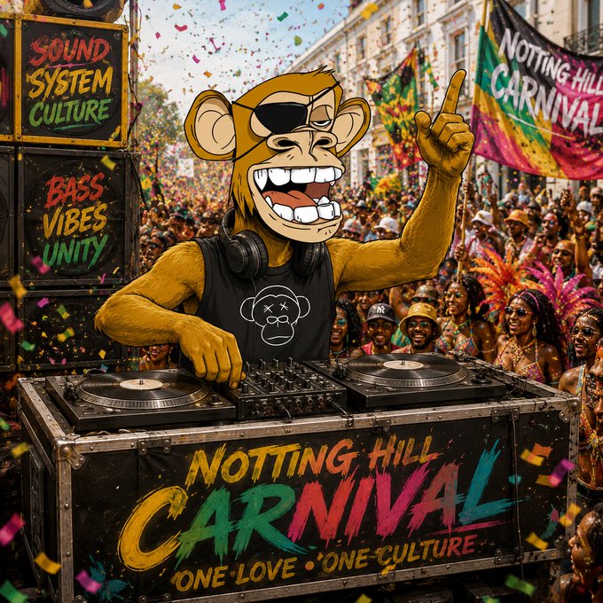 A vibrant illustration of an animated monkey DJ at the 'Notting Hill Carnival' with 'Sound System Culture', 'Bass Vibes Unity' signs, and 'One Love • One Culture' displayed on the speaker booth.