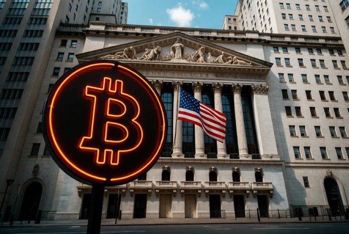 A neon Bitcoin symbol sign displayed in front of the New York Stock Exchange building with the American flag, symbolizing cryptocurrency's relationship with traditional finance.