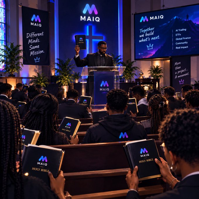A man in a suit speaks at a podium holding a book labeled "MAIQ HOLY BIBLE" in a church setting, with banners reading "MAIQ - Different Minds. Same Mission." and "Together we build what's next." listing topics like AI Trading, ETFs, Global Finance, Community, Real Impact.
