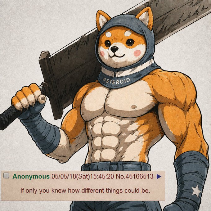 A muscular anthropomorphic Shiba Inu wearing a hood labeled "ASTEROID" wields a massive sword over his shoulder, paired with an Anonymous 4chan post dated 05/05/18 (No.45166513) reading "If only you knew how different things could be"—mirroring the post's theme of unforeseen change through the imposing, larger-than-life warrior ready for battle.
