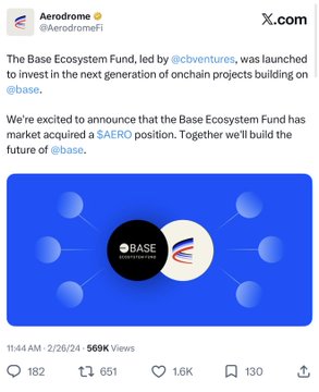 The image features a Twitter post from Aerodrome Fi that reads, "The Base Ecosystem Fund led by @cbrventures was launched to invest in the next generation of ONCHAINS PROJECTS building on." The post also includes an illustration of a circular graphic of three black circles surrounding a white circle.