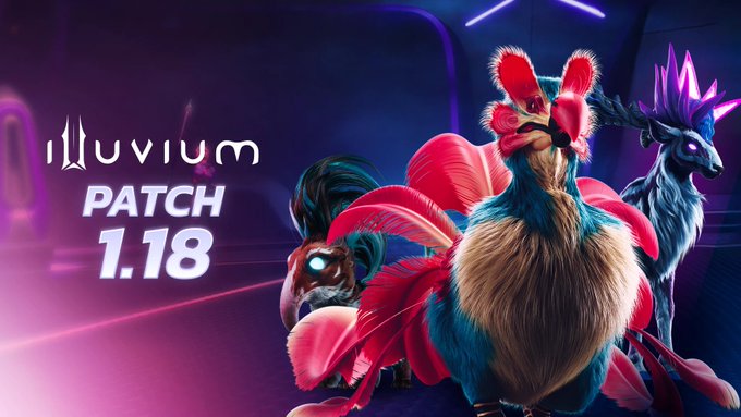 The image promotes "Illuvium Patch 1.18," featuring three vibrant, fantasy creatures (resembling a rooster-like Lynx, a blue deer-like beast, and a smaller robotic creature) against a neon-lit futuristic background. It visually corresponds to the post's announcement of the new update focused on Lynx Progression and other gameplay improvements.