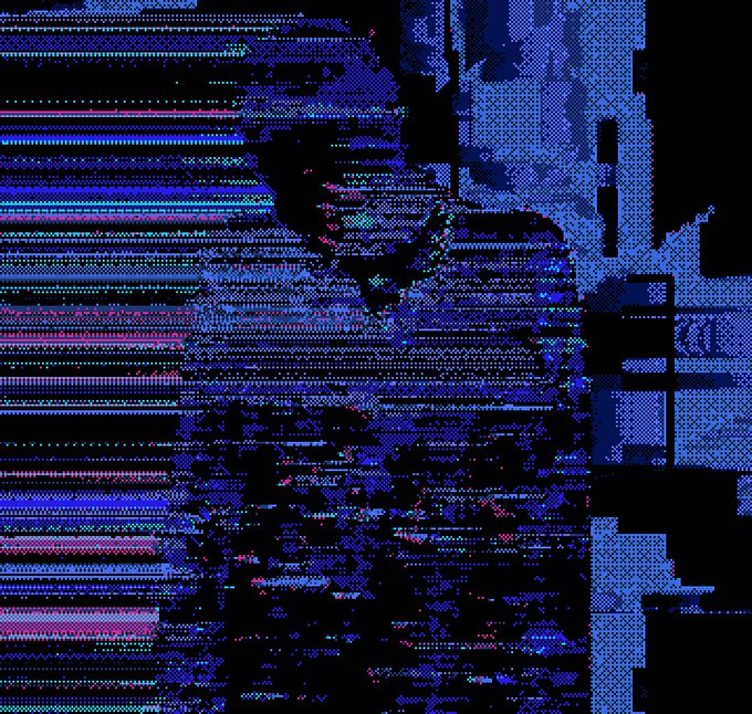 An abstract digital glitch art image with horizontal bands of blue, purple, and pink pixels creating a distorted pattern.