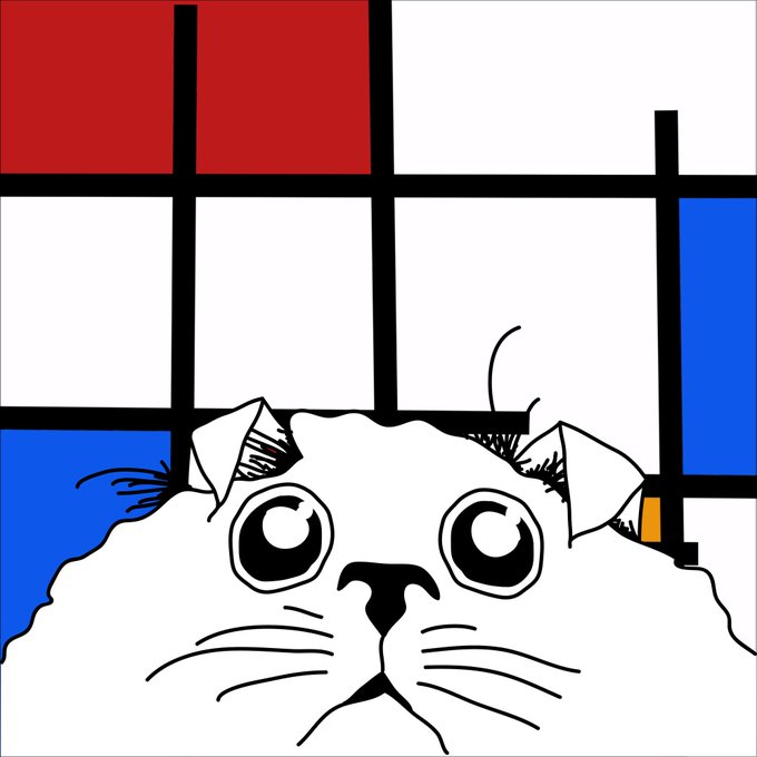 A cartoon white cat peeks out from the bottom of the frame against a background composed of red, white, and blue rectangles divided by black lines, styled like a Mondrian painting.