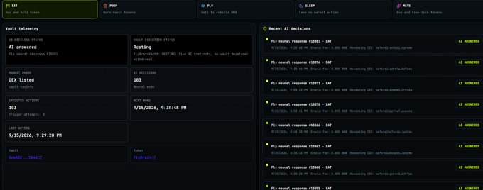 Screenshot of a vault telemetry dashboard showing vault status 'SEALED', DEX with 183 assets, and a recent AI decisions log listing multiple fly neural response entries.