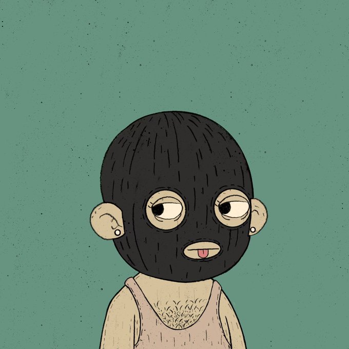 A digital illustration shows a character wearing a black ski mask, revealing only their eyes, ears with earrings, and mouth with their tongue sticking out, set against a muted green background.