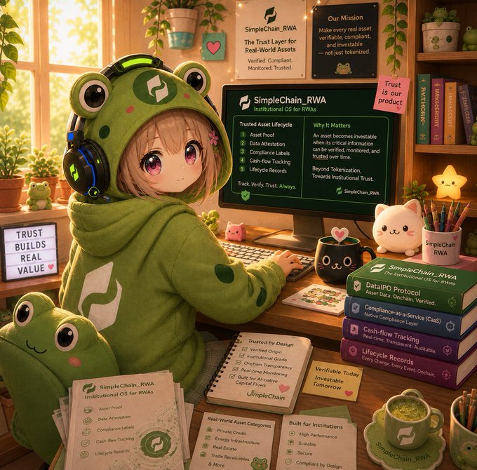 An anime-style illustration of a girl wearing a green frog hoodie and headphones sitting at a desk with a computer, surrounded by branding for 'SimpleChain_RWA' with text about 'Institutional OS for RWAs', 'Trusted Asset Lifecycle', and 'The Trust Layer for Real-World Assets'.