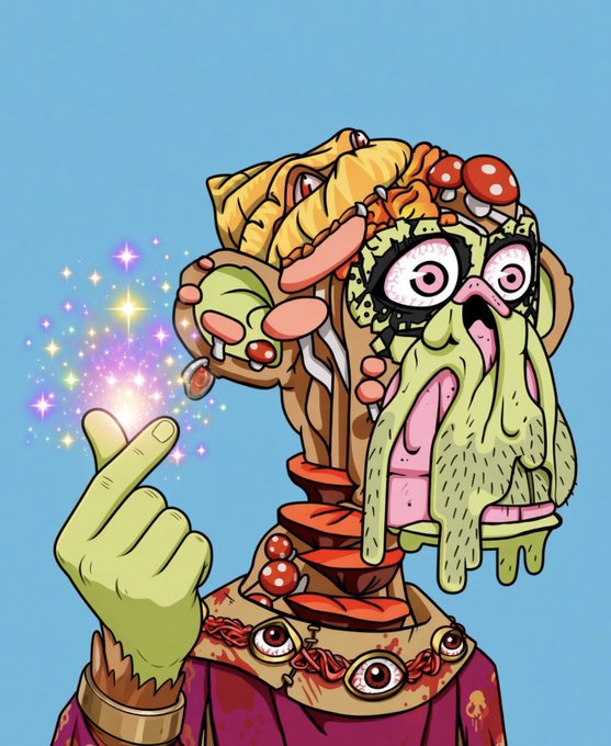A grotesque, surreal illustration depicts a wizard-like figure with a melting, oozing green face, bulging eyes, and a headdress piled with food—including sandwiches, sausages, hotdogs, and mushrooms—with a sparkly magical finger pointing outward, complementing the chaotic, "mad wizard" vibe of a crypto shill promoting trusted accounts.