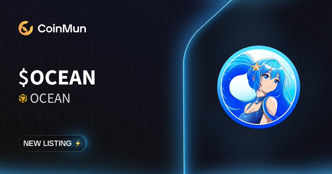 CoinMun announces a new listing for $OCEAN (OCEAN), featuring its branding and an anime-style character logo against a dark blue background, highlighting the token's addition to the platform.