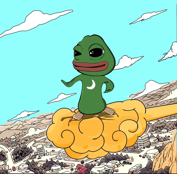 A cartoon Pepe the Frog rides a golden cloud above a stylized cityscape, mirroring the post's bullish yet cautious BTC outlook—perched high at the $82k support level but floating ominously over a landscape that hints at a potential drop toward $75k if that support breaks.