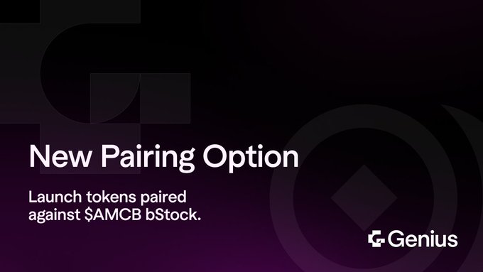 A dark purple graphic with the heading "New Pairing Option" announces that users can now launch tokens paired against $AMCB bStock, featuring the Genius logo in the corner and subtly referencing a movie theme through the "bStock" stock ticker, complementing the post's enthusiasm about pairing tokens with $AMCB.
