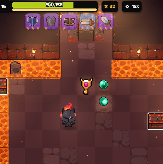 A top-down pixel art dungeon crawler game featuring a red flame-headed character navigating a lava-filled environment, with a health bar (94/138), a purple gem item, and equipped weapons displayed at the top.