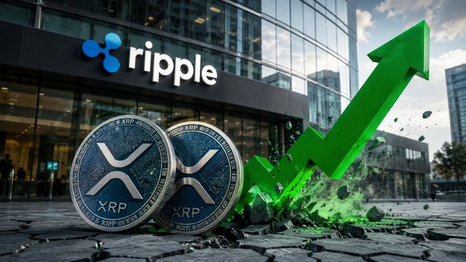 The Ripple company logo appears on a modern glass building, with two XRP coins in the foreground and a green upward arrow breaking through cracked pavement, indicating growth.