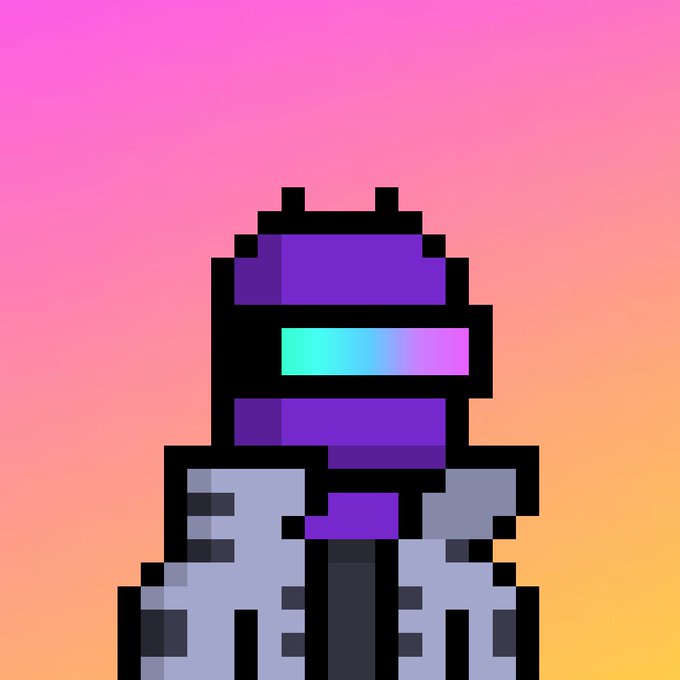 A pixel art illustration of a character wearing a purple helmet with a cyan visor against a pink and orange gradient background.