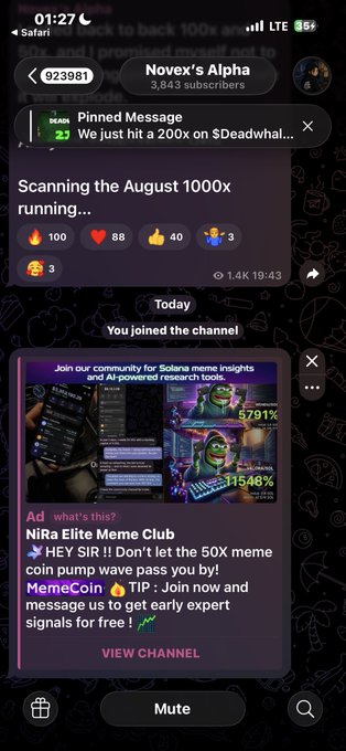 A screenshot of a Telegram channel called 'Novex's Alpha' with 3,843 subscribers, displaying messages about scanning for a 1000x runner and an advertisement for 'NiRa Elite Meme Club' related to Solana meme insights.