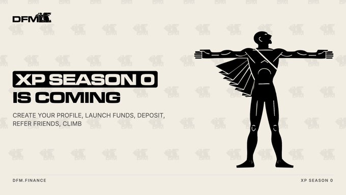 A promotional banner for DFM Finance announces 'XP SEASON 0 IS COMING' with instructions to create a profile, launch funds, deposit, refer friends, and climb, featuring a stylized black figure with outstretched arms.