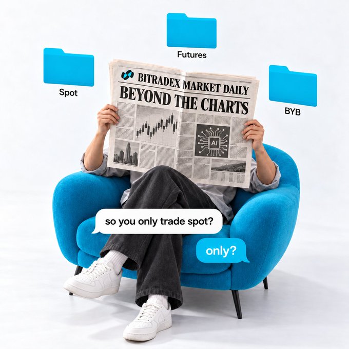A person reads the "BITRADEX MARKET DAILY: BEYOND THE CHARTS" newspaper while sitting in a blue chair, with three blue folders labeled "Spot," "Futures," and "BYB" floating around them. A text exchange asks "so you only trade spot?" and "only?", visually reinforcing the post's message that limiting yourself to just spot trading means ignoring the other available market folders.