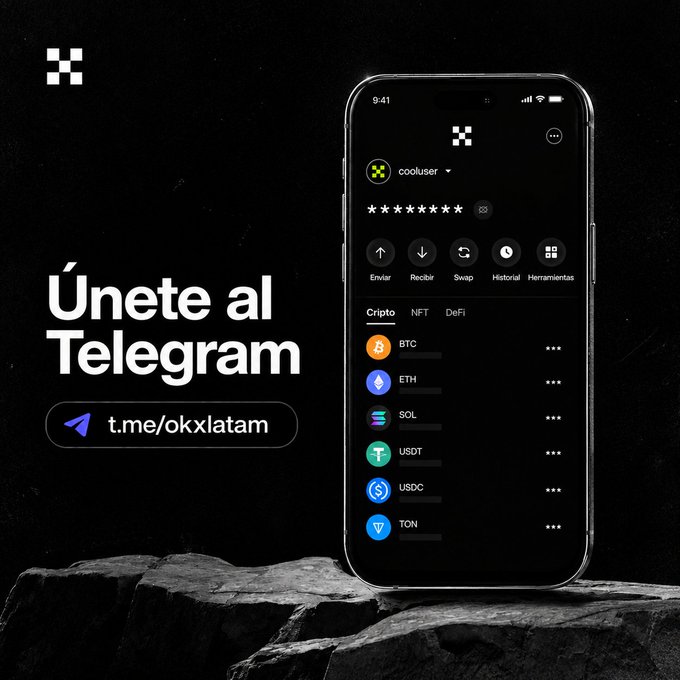 An advertisement for OKX cryptocurrency exchange invites users to join their Telegram channel at 't.me/okxlatam', showing a smartphone displaying the OKX app interface with options like 'Enviar', 'Recibir', 'Swap', 'Historial', 'Herramientas' and a list of cryptocurrencies including BTC, ETH, SOL, USDT, USDC, and TON.