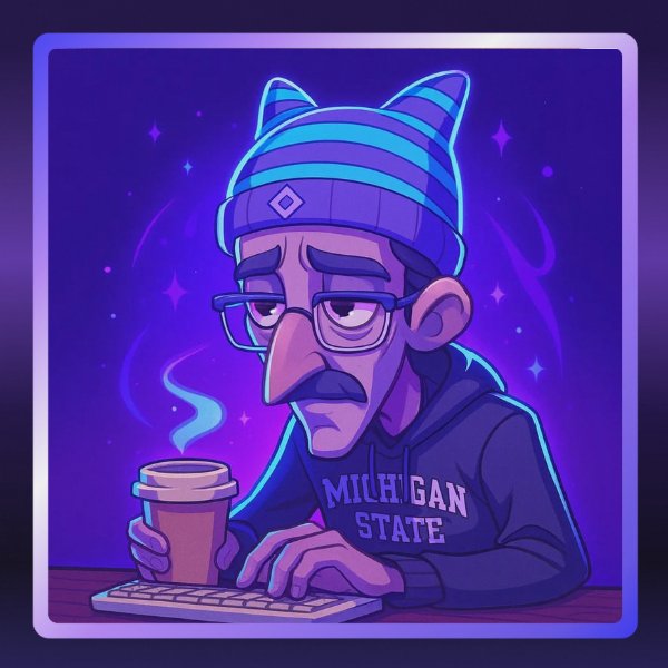 A digital illustration of a tired-looking man wearing glasses and a 'MICHIGAN STATE' beanie and hoodie, drinking coffee while typing on a glowing keyboard against a purple starry background.