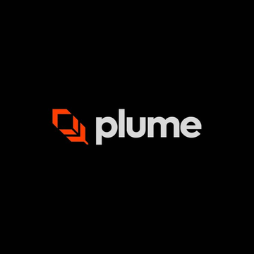 The Plume logo features a stylized orange and black cube icon next to the lowercase white wordmark "plume," set against a black background. The image visually brands the post announcing Plume's membership in DTCC's Digital Assets Solutions Industry Working Group alongside major financial firms like Nasdaq, Charles Schwab, and Alpaca.