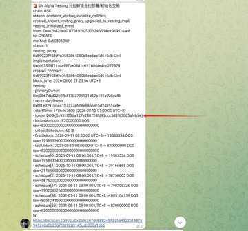 A screenshot of a Python script for BN Alpha Vesting token contract address verification, displaying contract creation events and a series of contract addresses with their corresponding token tickers (DappOs/DOS, Ethereumpow, Qi, etc.) and associated block numbers and timestamps.

The image relates to the post by showing the code used to identify contract addresses associated with different tokens, specifically the DappOs (DOS) token where the first contract address (0x951f086a127e280724fd93ccc543f65065afeb5e) was initially identified but needs correction based on new information from an OKX Boost setup reminder.