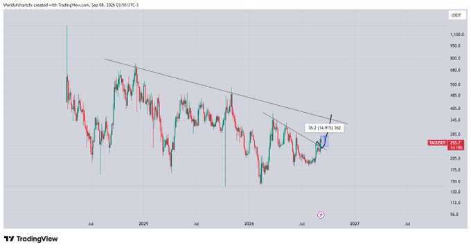 A candlestick chart of Worldcoin/USD (Worldcoin/TetherUS) on TradingView shows TAO trading at $255.7, with a recent 10%+ gain highlighted by a "36.2 (14.91%) 362" annotation marking an upward breakout from a descending channel pattern.