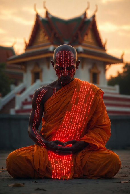 A Buddhist monk sits cross-legged in meditation before a temple, his body adorned with glowing red binary code cascading across his robes and skin. The image visualizes the fusion of ancient spiritual practice with digital technology, fitting a "Happy Friday" web3 greeting that celebrates merging traditional wisdom with blockchain's futuristic ethos.