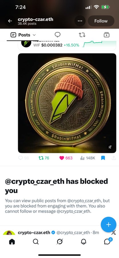 A mobile screenshot of a social media profile 'crypto-czar.eth' showing a golden '$RobinWifHat' cryptocurrency coin with a green leaf logo wearing a brown beanie, priced at $0.000382 (+16.50%), with a notification that '@crypto_czar_eth has blocked you'.
