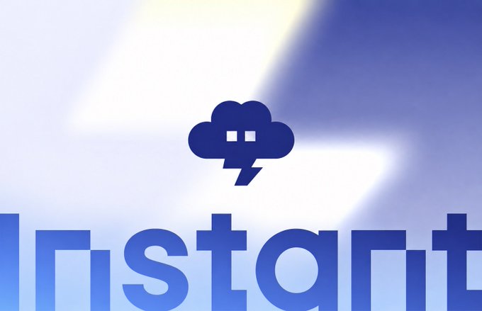 Logo featuring a dark blue cloud character with a lightning bolt, with partial text "stant" visible below it.
