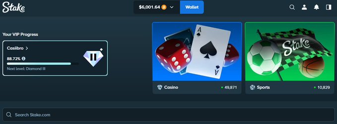The image shows a Stake.com dashboard displaying a VIP Progress level for "Casiibro" at 88.72% toward Diamond III, alongside Casino (49,871) and Sports (10,829) game lobbies. This visually promotes the Casiibro brand referenced in the caption, showing their wagering activity on the platform.